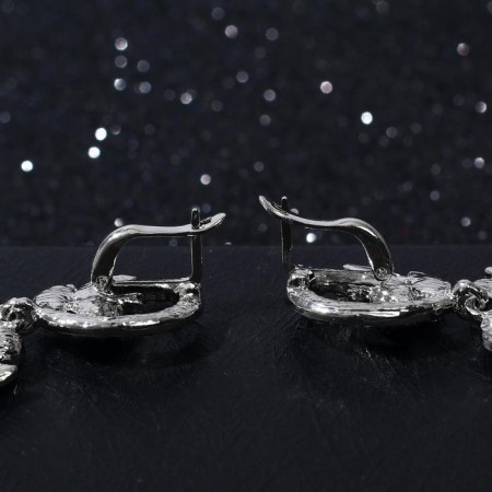 Hanging earrings with rhinestones "evening" magic, black and white color in gray metal, 10.5 cm-4