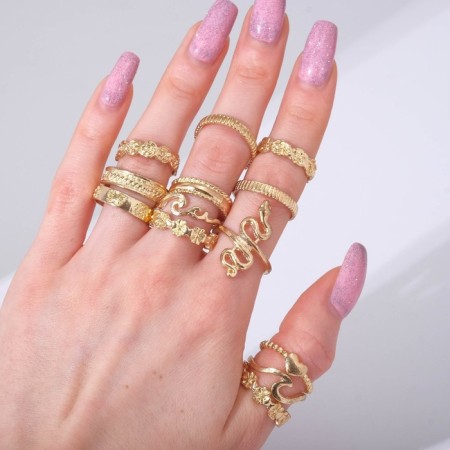 Set of rings 13 pieces of "Assorted" flowers, snake, size mix, color gold-2