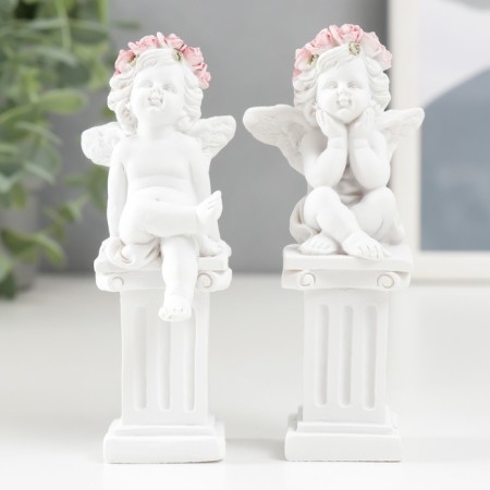Polystone souvenir "Snowty angel in a pink wreath on the column" MIX 10.8x4.7x4.7 cm