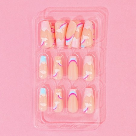 Falled nails "Rainbow", 24 pcs, adhesive plates, ballerina shape, glossy beige/yellow/blue color-3