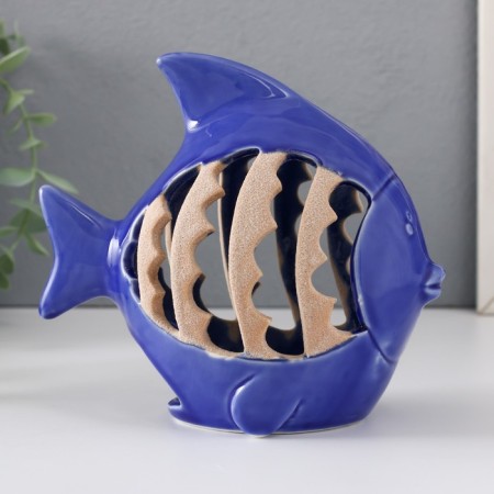 Ceramics candlestick for 1 candle "fish with patterns" blue 15.7x8.8x14.3 cm-3