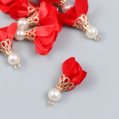 Decor for creativity Textile "Flower with a pearl. Red" set 10 pcs 2.5 cm-1