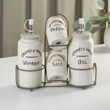 Ceramic set for spices and oils “House in the village”, 4 subjects: Solonka 115 ml, Listen 115 ml, Bottle for 350 ml oil, Bottle for vinegar 350 ml