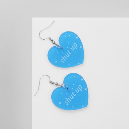 Acrylic SHUT UP earrings, heart, white-blue color-1