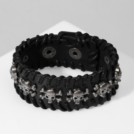 Bracelet Skin "Skull" with bones, black color with silver, 20 cm-1