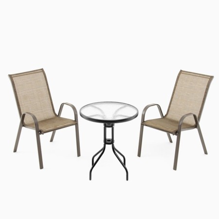 Set of garden furniture: table + 2 stools, brown, textile