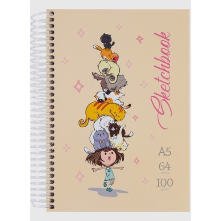 Sketchbook A5, 64 sheets on the crest "Girl with cats", hard cover, glossy lamination, block 100 g/m2-5
