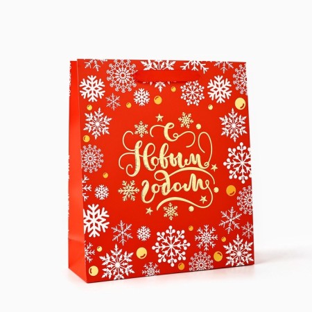 Package Gift New Year Laminated "Golden Snowflakes", M 30 x 26 x 9 cm, New Year