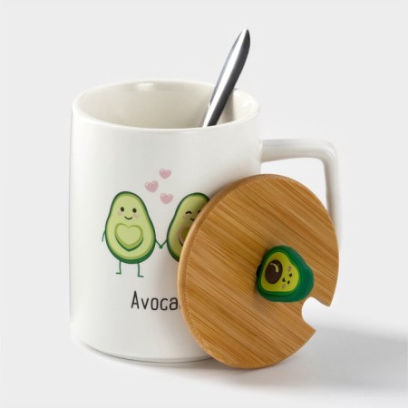 Ceramic mug with a lid and a spoon Avocado, 360 ml-1