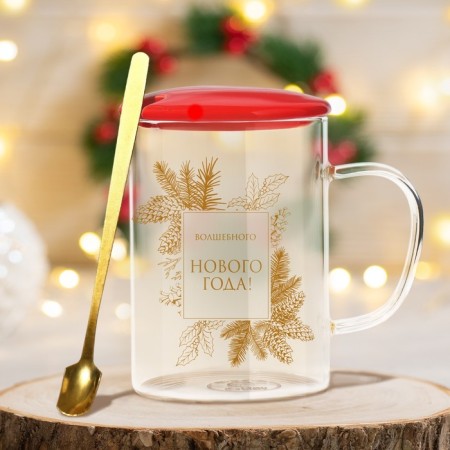 Glass mug with a spoon and a lid of the "Magic New Year", 470 ml-2