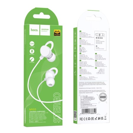 Hoco M103 headphones, wired, vacuum, microphone, 1.2 m, white-4