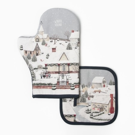 New Year. Set of kitchen Ethel Winter Village mittens 20x28cm, 19x19cm selection, 100%HL