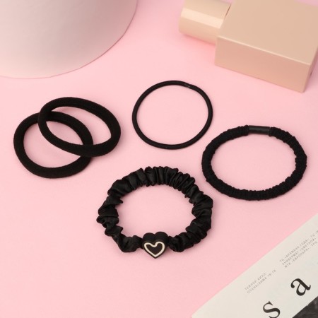 Hair elastic band "Jeannet" (set 5 pcs) Heart heart, 5 cm, black-1