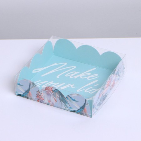 Cookie box, confectionery packaging with PVC lid, Make Your Life Sweet, 10.5 x 10.5 x 3 cm