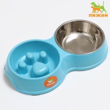 Double bowl for slow feeding 30.5 x 17 x 5 cm, blue