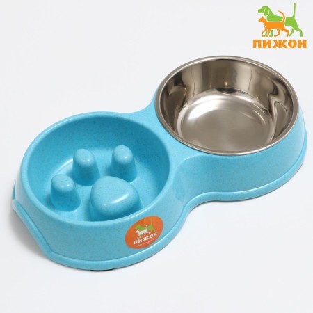 Double bowl for slow feeding 30.5 x 17 x 5 cm, blue