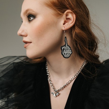 Acrylic earrings "skeletons" hands, black and white color in silver-3
