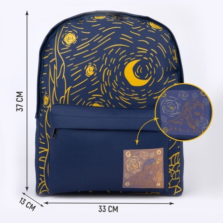Backpack school textile art, with an overflowing patch, the color of the dark blue-1