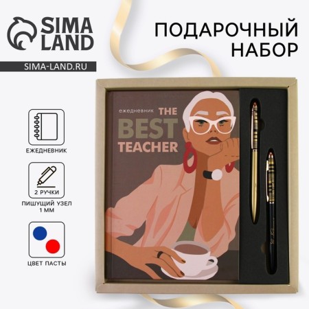 Gift set of “The Best Teacher”: A5 diary, 80 sheets and 2 pcs of the handle (ball, 1 mm, blue, red paste)