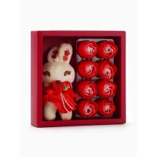 A set of soap roses in a box is 8 pieces, red and white with a hare
