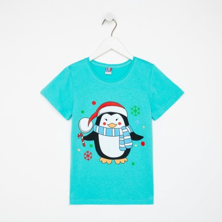 Children's T -shirt, turquoise color/penguin, height 134 cm-3