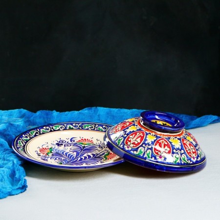 The pancake of Rishtan ceramics "Flowers", 26 cm, blue-4