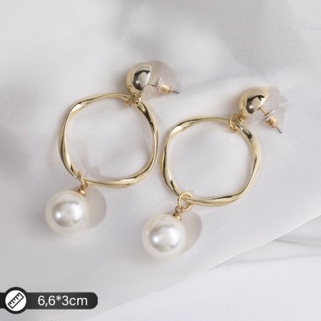 Earrings with pearls "Tenderness" circle with bead, white color in gold