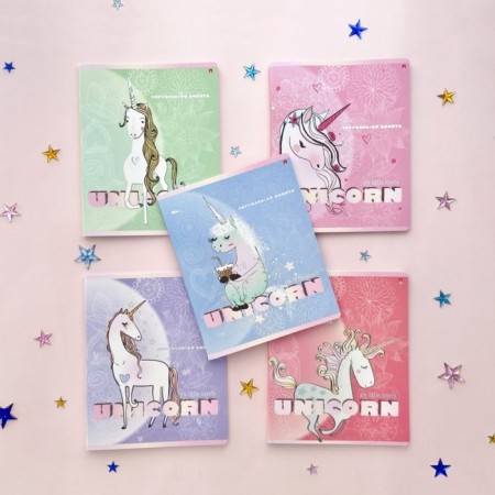 Notebook of 48 sheets in the Unicorn cage, cover coated cardboard, matte lamination Soft Touch, foil, mix-9