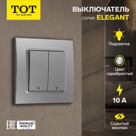 Tot Elegant switch, 10 a, 2 cl., With backlight, hidden, silver