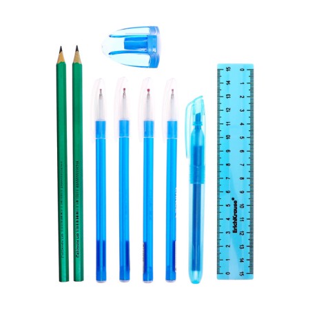 Cleaning set 10 items (penalty tubus 65 x 210 mm, handle 4 pieces blue, ruler 15 cm, sharpener, pencil 2 pieces, textbook), blue-7
