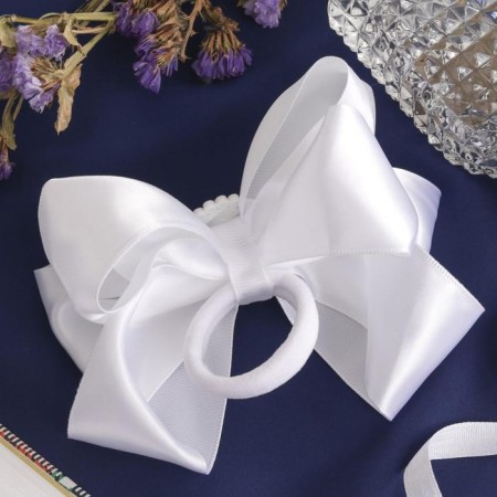 Hair gum "Schoolgirl" Bant Double Atlas Flower, 12 cm, white-1