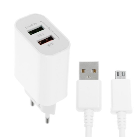 Network charger Luazon LCC-96, 2 USB, 2 A, MicroUSB cable, white