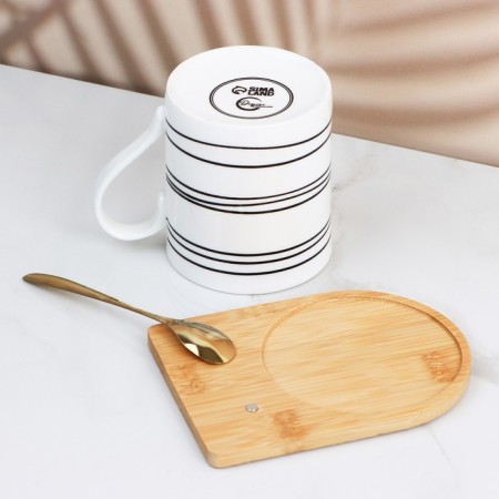 Ceramic mug on a wooden stand "Hide and Hide and Humanitudes", 330 ml, with a spoon, white color-3