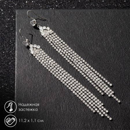 Hanging earrings with “Hollywood” rhinestones, white color in silver, 11.2 cm