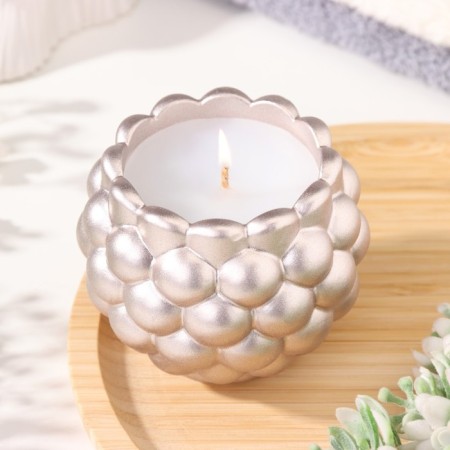 Candle "Shar" in the candlestick with convex spherical faces of gypsum, 8x7 cm, champagne
