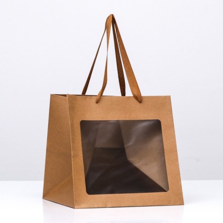 Craft package with a square bottom and window 25 x 25 x 25 cm Kraft, 1pc