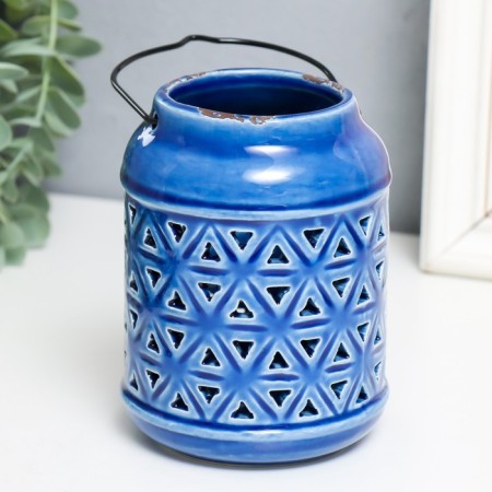 Ceramics candlestick for 1 candle "Lantern. Rombs" Blue 9x9x12 cm-2