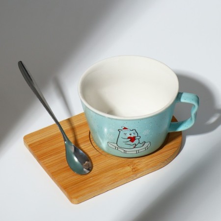 Ceramic mug on a stand with a spoon "Bear", 230 ml, beige color-1
