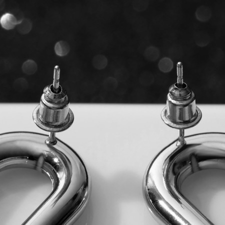 Earrings Metal "Chain" disk, 3 links, silver-black color-1