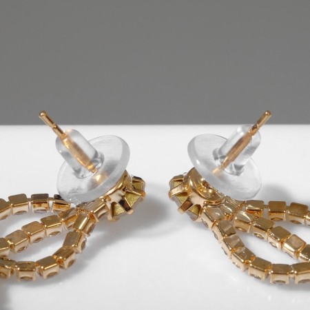Hanging earrings with grace rhinestones, drops of trio, white color in gold, 9 cm-2