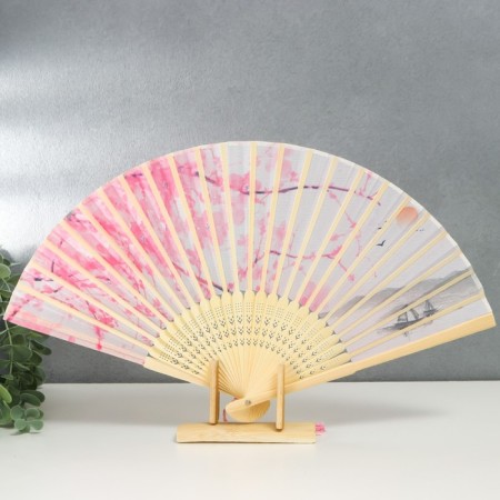 Fan bamboo, textiles h = 23 cm "boat under sakura" pink, with a brush-1