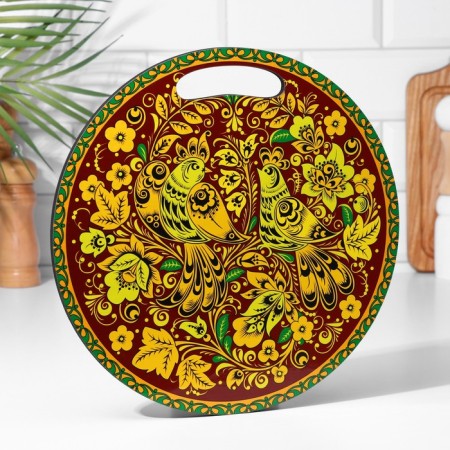 Board cutting and serving round kitchen "Gorodetskaya painting", 25.5 cm