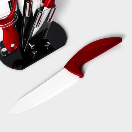 Kitchen kit on the stand “bend”, 4 objects: 3 knives, vegetable vegetables, + knife as a gift, red color red-3