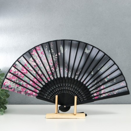 Fan bamboo, textiles h = 21 cm "Flowers and butterflies" black, with a brush-1
