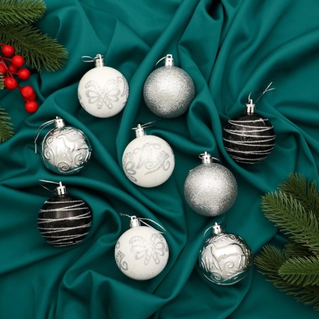 Set of balls Plastic D-6 cm, 9 pcs "Melody" Orbitis pattern elite silver, mix