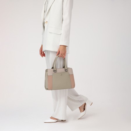 Bag Tout with zipper, external pocket, long belt, beige color-9