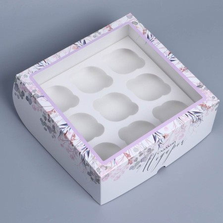 Capcake box, confectionery packaging with a window, 9 cells "Wreath", 25 x 25 x 10 cm-1