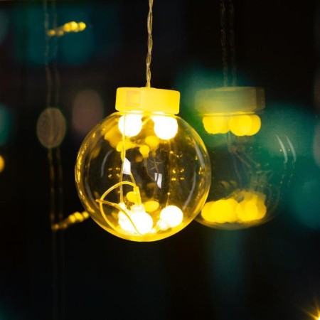 Garland “fringe” 2.4 × 0.7 m with nozzles “balls”, ip20, transparent thread, 108 LED, glow warm white, 8 modes, 220 V-3