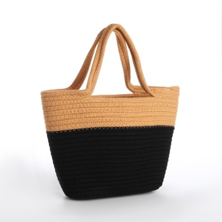 Female wicker bag without fastening, black/beige color-2