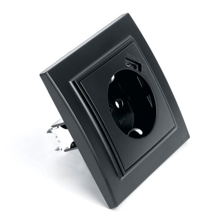 1-seater socket s/h 250V, 16A with a protective curtain and with USB, Stekker Erna, PST16-9011-03, black 1022447-1